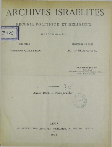 Archives israélites de France. Vol.59 N° (01 janv. 1898)