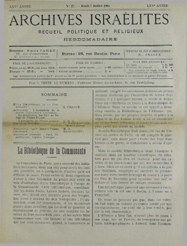 Archives israélites de France. Vol.65 N°27 (07 juil. 1904)