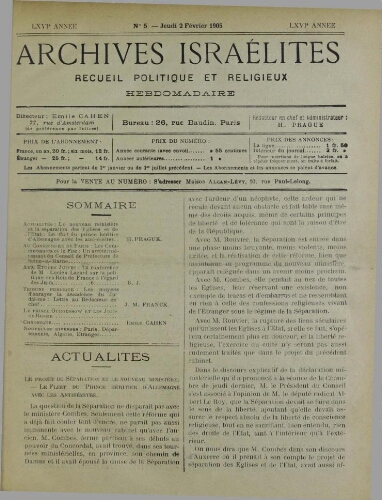 Archives israélites de France. vol.66 N°05 (02 févr. 1905)