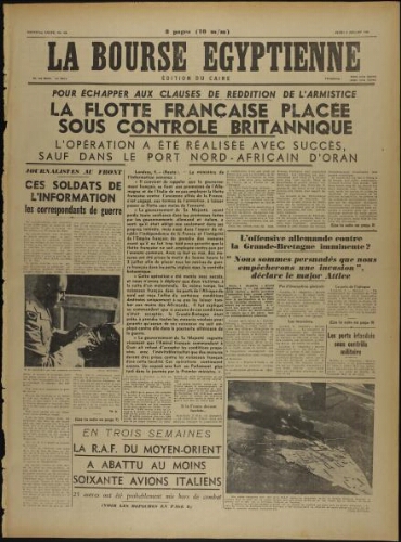La Bourse égyptienne : Ed. du Caire  Vol.37 N°166 (04 juil. 1940)