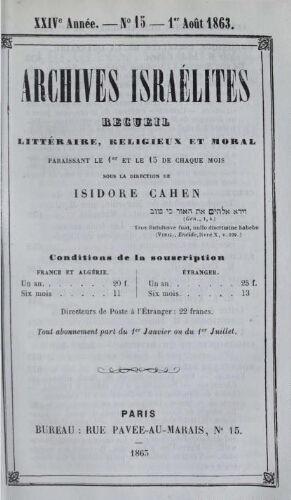 Archives israélites de France. Vol.24 N°15 (01 août 1863)