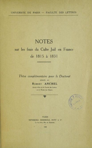 Notes sur les frais du culte juif en France : de 1815 à 1831