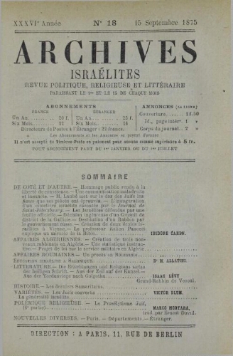 Archives israélites de France. Vol.36 N°18 (15 sept. 1875)