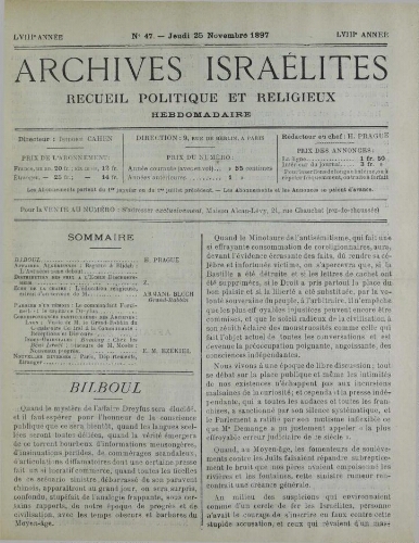 Archives israélites de France. Vol.58 N°47 (25 nov. 1897)