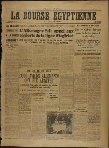 La Bourse égyptienne : Ed. du Caire  Vol.37 N°134 (28 mai 1940)