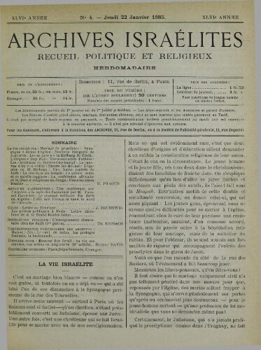 Archives israélites de France. Vol.46 N°04 (22 janv. 1885)
