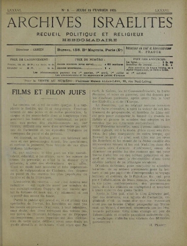 Archives israélites de France. Vol.86 N°08 (19 févr. 1925)
