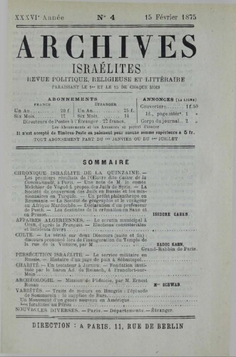 Archives israélites de France. Vol.36 N°04 (15 févr. 1875)