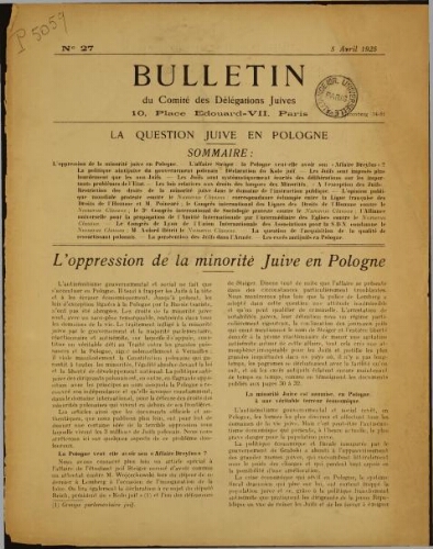 Bulletin du Comité des délégations juives auprès de la Conférence de la paix N°25 (05/04/1925)