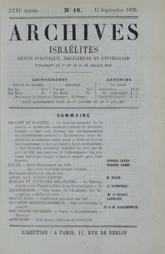 Archives israélites de France. Vol.31 N°18 (15 sept. 1870)