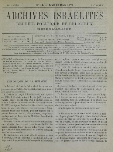 Archives israélites de France. Vol.40 N°12 (20 mars 1879)