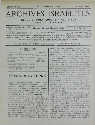 Archives israélites de France. Vol.73 N°32 (08 août 1912)