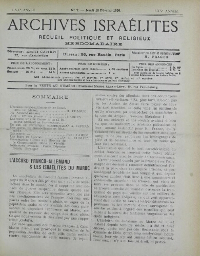 Archives israélites de France. Vol.70 N°07 (18 févr. 1909)