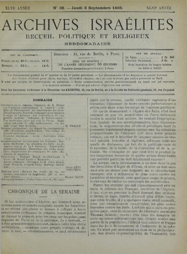 Archives israélites de France. Vol.46 N°36 (03 sept. 1885)