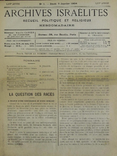 Archives israélites de France. Vol.65 N°01 (07 janv. 1904)