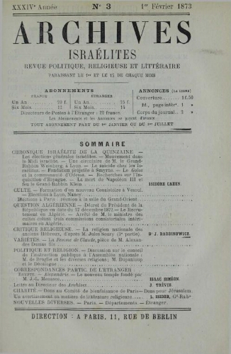 Archives israélites de France. Vol.34 N°03 (01 févr. 1873)