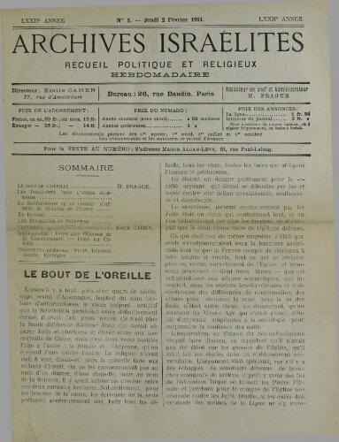 Archives israélites de France. Vol.72 N°05 (02 févr. 1911)