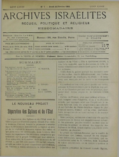 Archives israélites de France. vol.66 N°07 (16 févr. 1905)