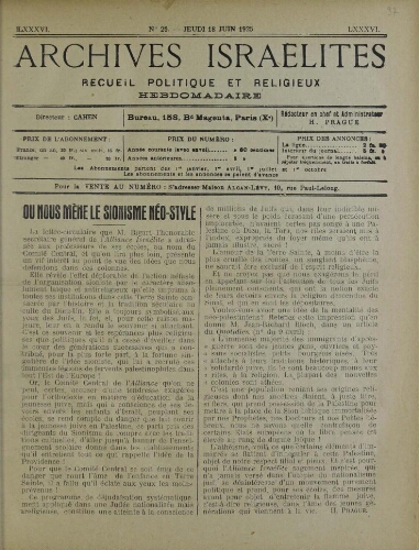 Archives israélites de France. Vol.86 N°25 (18 juin 1925)