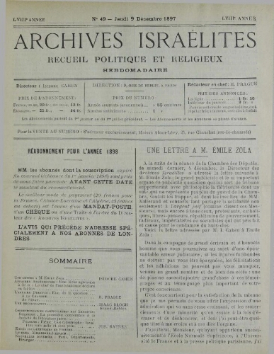 Archives israélites de France. Vol.58 N°49 (09 déc. 1897)