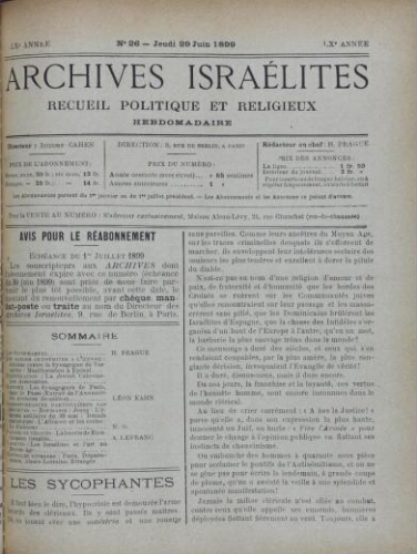 Archives israélites de France. Vol.60 N°26 (29 juin 1899)