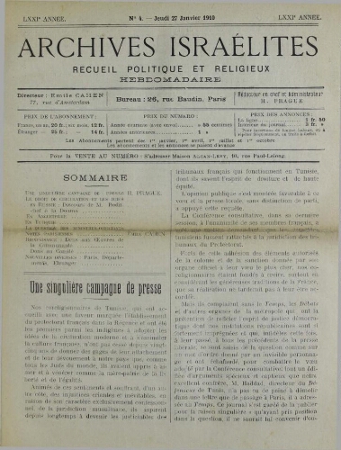 Archives israélites de France. Vol.71 N°04 (27 janv. 1910)