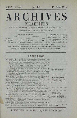 Archives israélites de France. Vol.36 N°15 (01 août 1875)