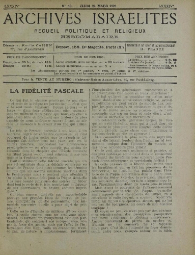 Archives israélites de France. Vol.84 N°13 (29 mars 1923)