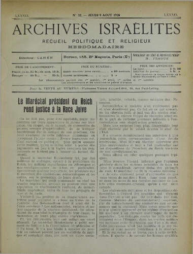 Archives israélites de France. Vol.89 N°32 (09 août 1928)