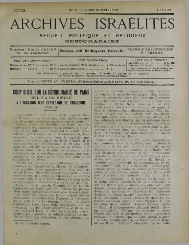 Archives israélites de France. Vol.83 N°11 (16 mars 1922)