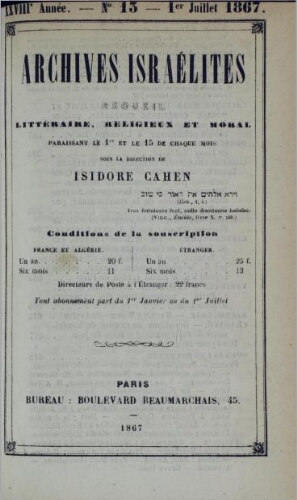 Archives israélites de France. Vol.28 N°13 (01 juil. 1867)