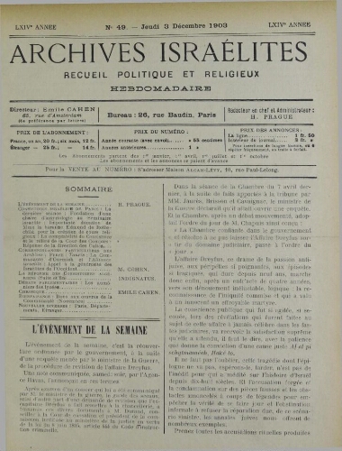 Archives israélites de France. Vol.64 N°49 (03 déc. 1903)