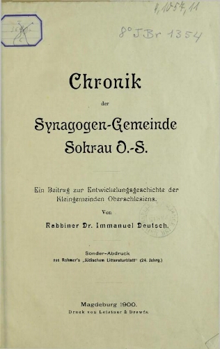Chronik der Synagogen-Gemeinde Sohrau O.S
