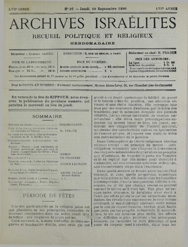 Archives israélites de France. Vol.57 N°37 (10 sept. 1896)