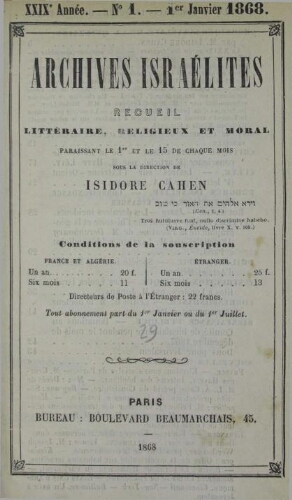 Archives israélites de France. Vol.29 N°01 (01 janv. 1868)