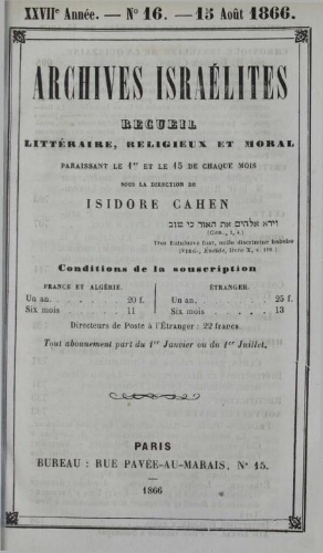 Archives israélites de France. Vol.27 N°16 (15 août 1866)