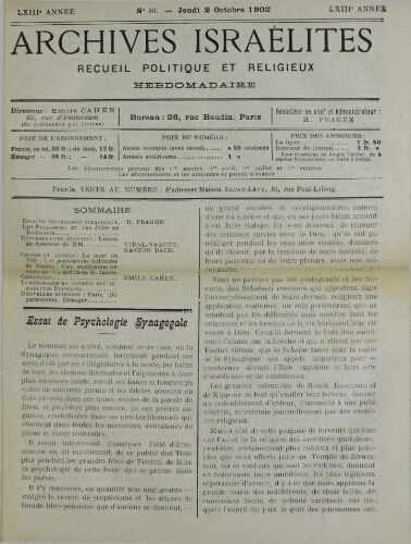 Archives israélites de France. Vol.63 N°40 (02 oct. 1902)