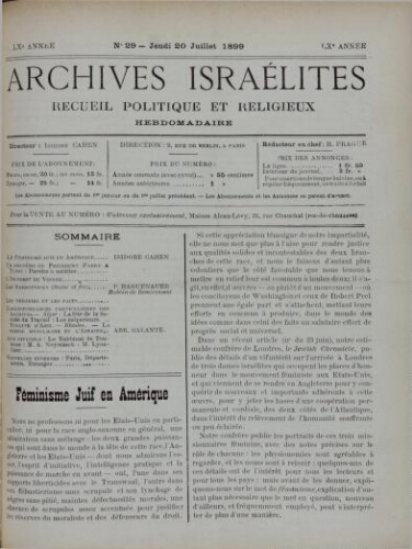 Archives israélites de France. Vol.60 N°29 (20 juil. 1899)