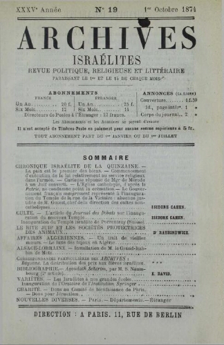 Archives israélites de France. Vol.35 N°19 (01 oct. 1874)