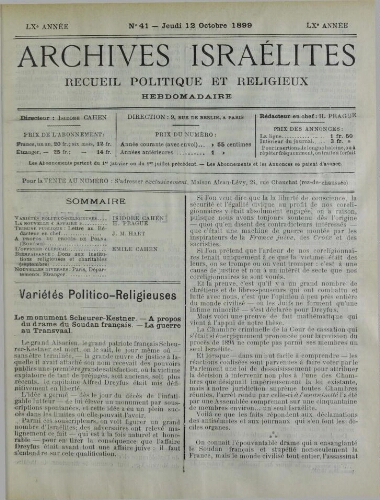 Archives israélites de France. Vol.60 N°41 (12 oct. 1899)