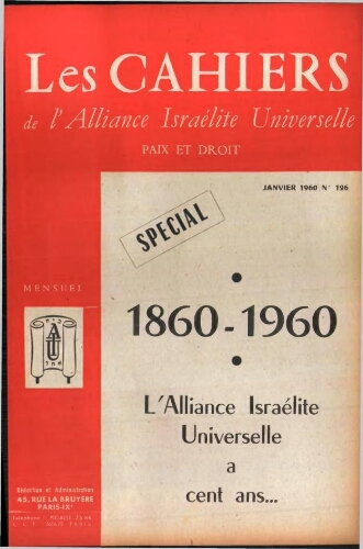 Les Cahiers de l'Alliance Israélite Universelle (Paix et Droit).  N°126 (01 janv. 1960)