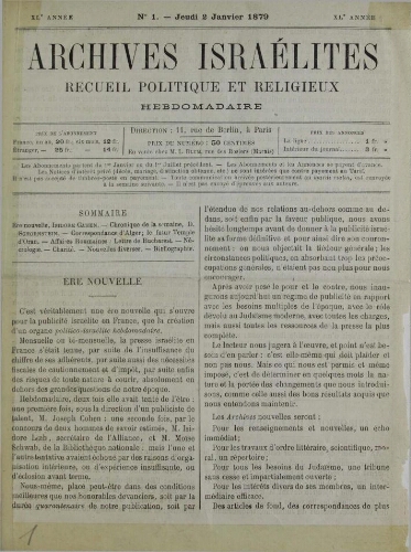 Archives israélites de France. Vol.40 N°01 (02 janv. 1879)