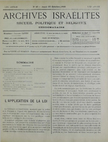 Archives israélites de France. Vol.59 N°43 (27 oct. 1898)