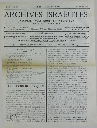 Archives israélites de France. Vol.69 N°27 (02 juil. 1908)