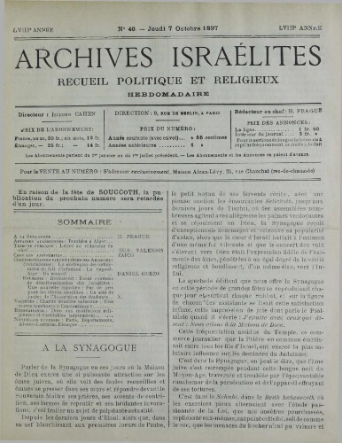 Archives israélites de France. Vol.58 N°40 (07 oct. 1897)