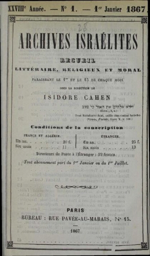 Archives israélites de France. Vol.28 N°01 (01 janv. 1867)