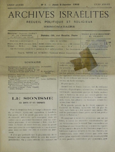 Archives israélites de France. Vol.63 N°01 (02 janv. 1902)