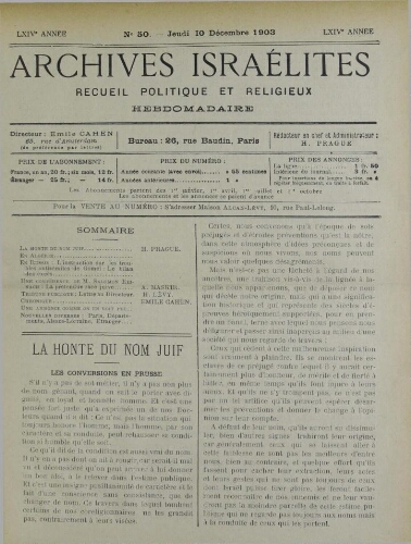 Archives israélites de France. Vol.64 N°50 (10 déc. 1903)