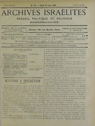 Archives israélites de France. vol.66 N°13 (30 mars 1905)