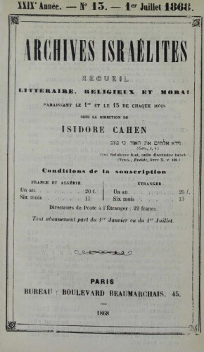 Archives israélites de France. Vol.29 N°13 (01 juil. 1868)